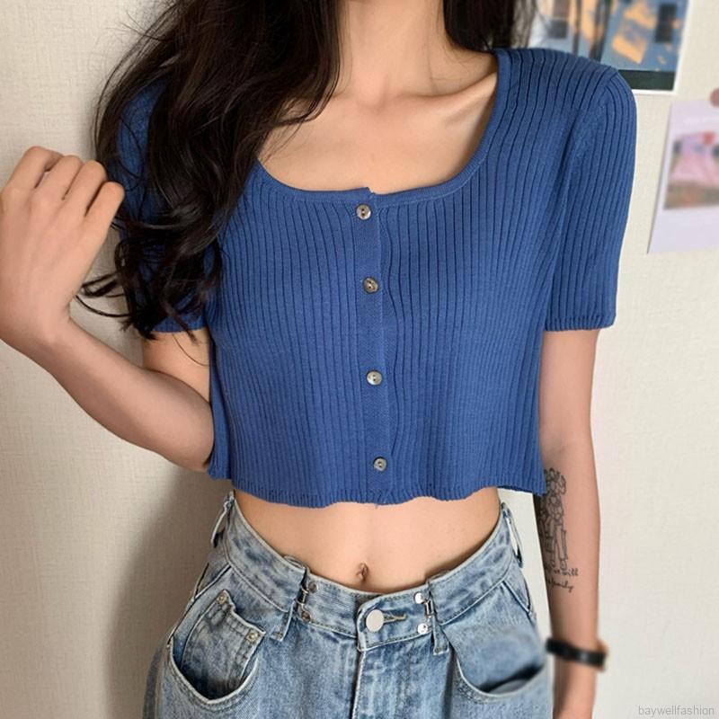 [Baywellfashion]Áo Cardigan Dệt Kim Tay Ngắn Cổ Vuông Phối Nút Hợp Thời Trang Cho Nữ | BigBuy360 - bigbuy360.vn