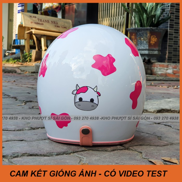 GIỐNG ẢNH - Mũ bảo hiểm 3/4 hồng lên sticker bò sữa hồng cho bạn nữ siêu cute - nón 3/4 bò sữa trắng lót hồng babe