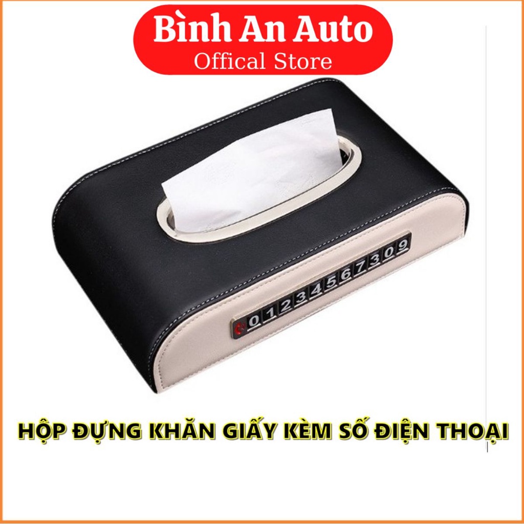 Hộp đựng khăn giấy trên ô tô và bàn làm việc,kèm bảng số điện thoại - Bình An Auto