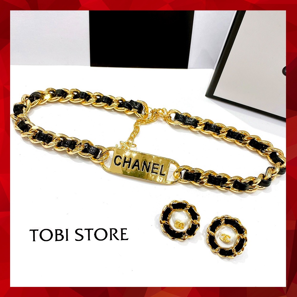 Vòng cổ chocker xích bện da đen bản dày cá tính kèm bông tai theo bộ TB582