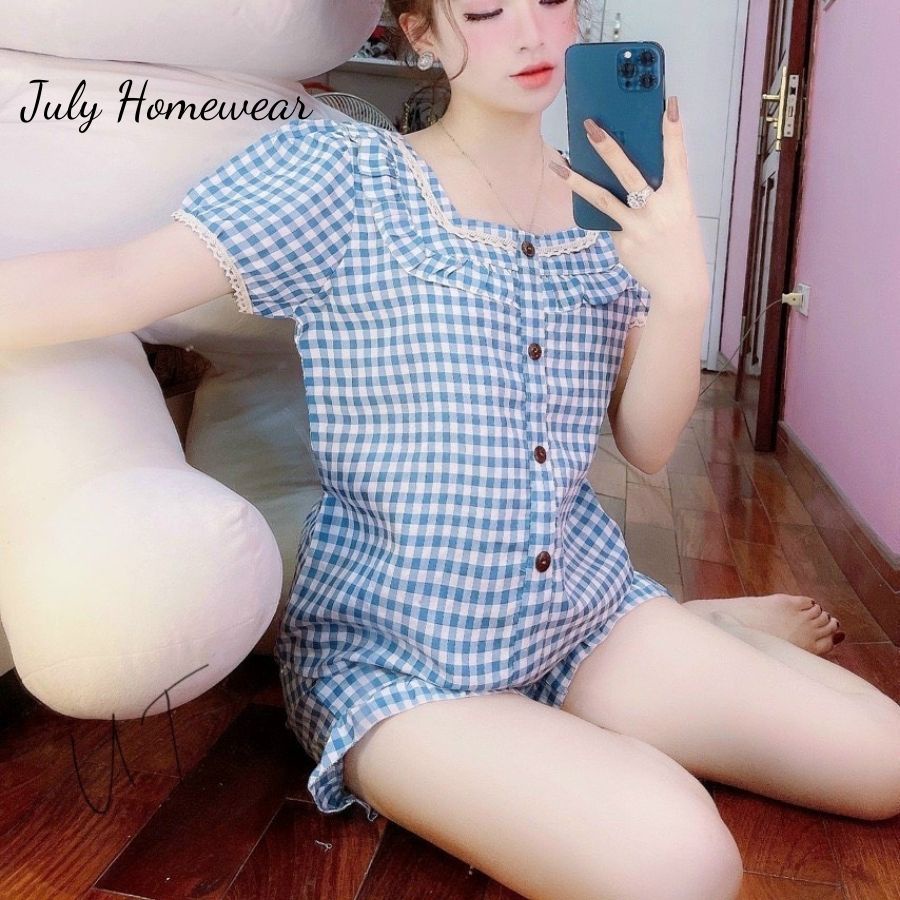 Bộ pijama đũi xước , Đồ mặc ở nhà bộ ngủ nữ bộ đũi tay cộc quần cộc chất siêu mát mùa hè JULY HOMEWEAR