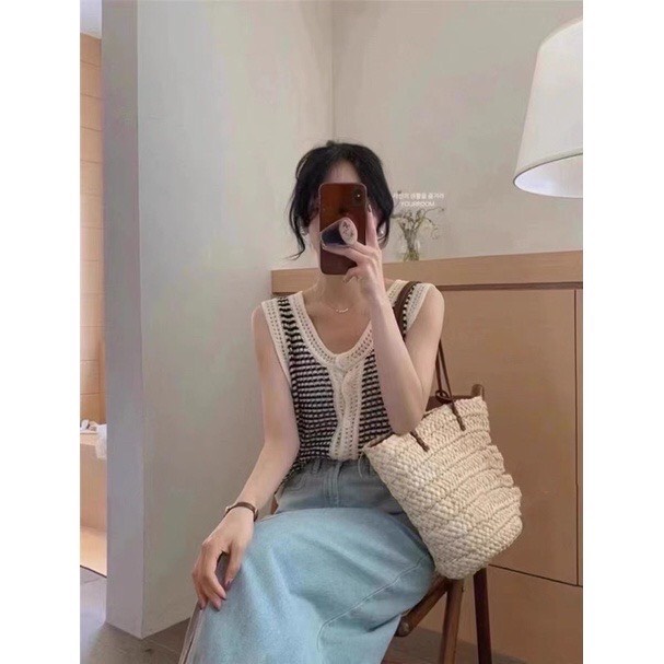 Áo len lưới kiểu sát nách phối viền siêu xinh