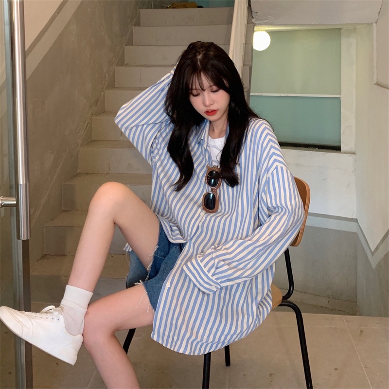 Áo Sơ Mi Chống Nắng Tay Dài Dáng Rộng Họa Tiết Kẻ Sọc Dọc Thoáng Khí Phong Cách Mới