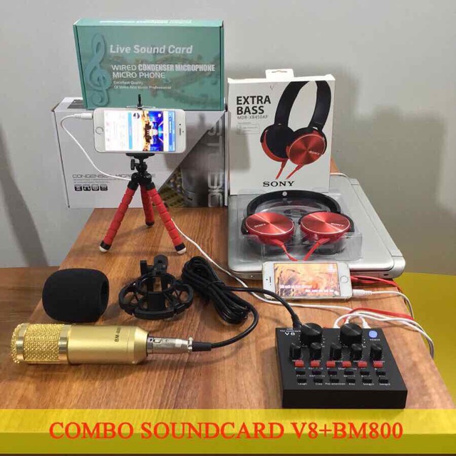 COMBO mic bm800 sound card v8 chân màng tai nghe sonyyy gậy 3 chân