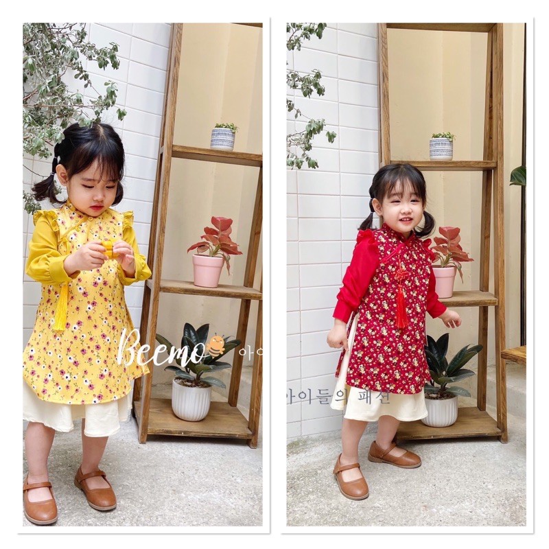 Áo dài hoa mai 2 màu siêu xinh cho bé gái.