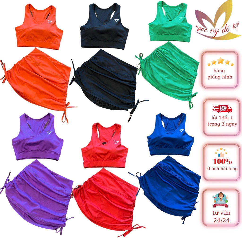 Com bo 2 Bộ Set đùi quần giả váy áo Croptop, đi bơi, tập Gym Yoga, chạy bộ Aerobic
