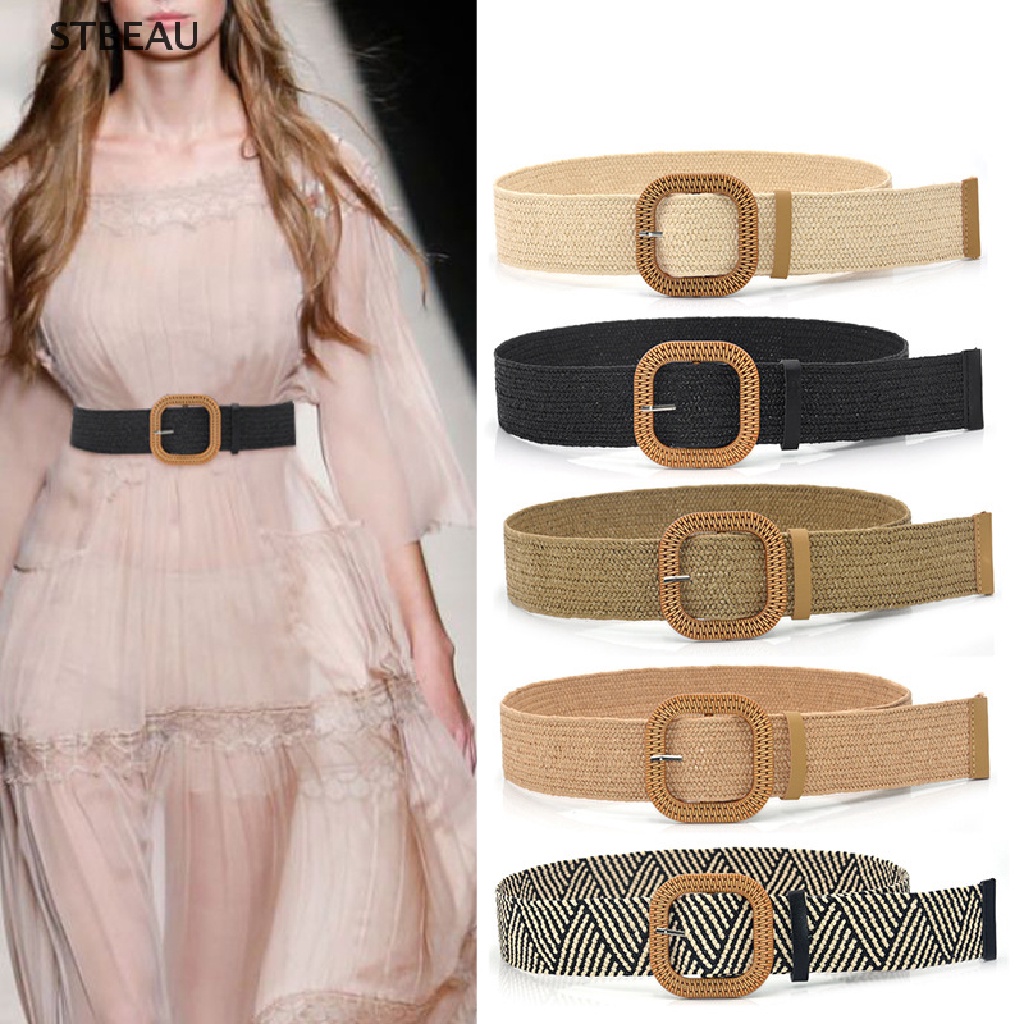 Thắt Lưng Đan Rơm Co Giãn Khóa Vuông Phong Cách Boho Cổ Điển Thời Trang Mùa Hè Cho Nữ