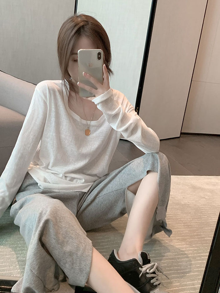 IELGY Áo Thun Tay Dài Cổ Tròn Dáng Rộng Màu Trắng Thời Trang Xuân Hè Mới Dành Cho Bạn Nữ