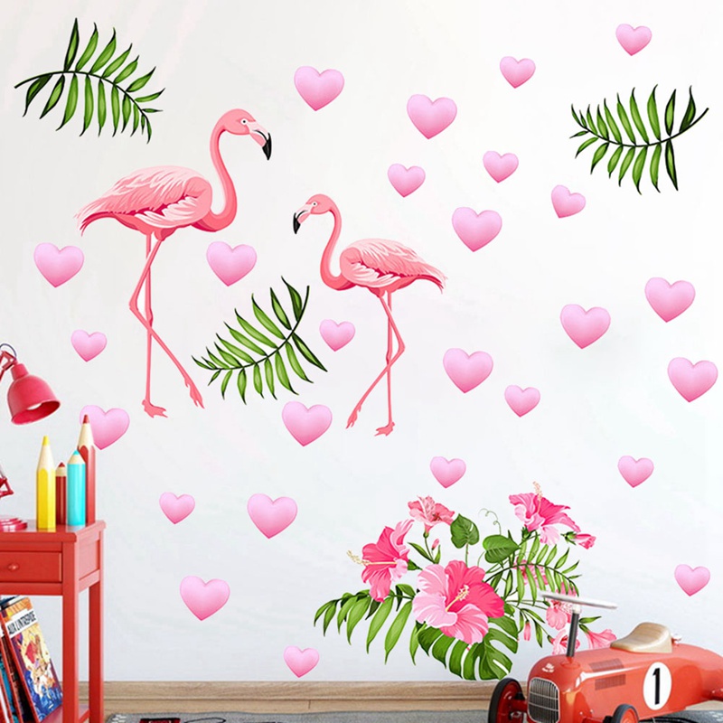Miếng dán tường PVC hình chim hồng hạc và hoa hoạt hình trang trí nhà cửa