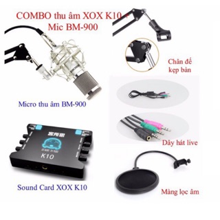 Combo Bộ mic thu âm livestream hat karaoke K10 mic Bm900 kèm dây livestream ma2 chân kẹp míc màng lọc âm đầy đủ phụ kiện