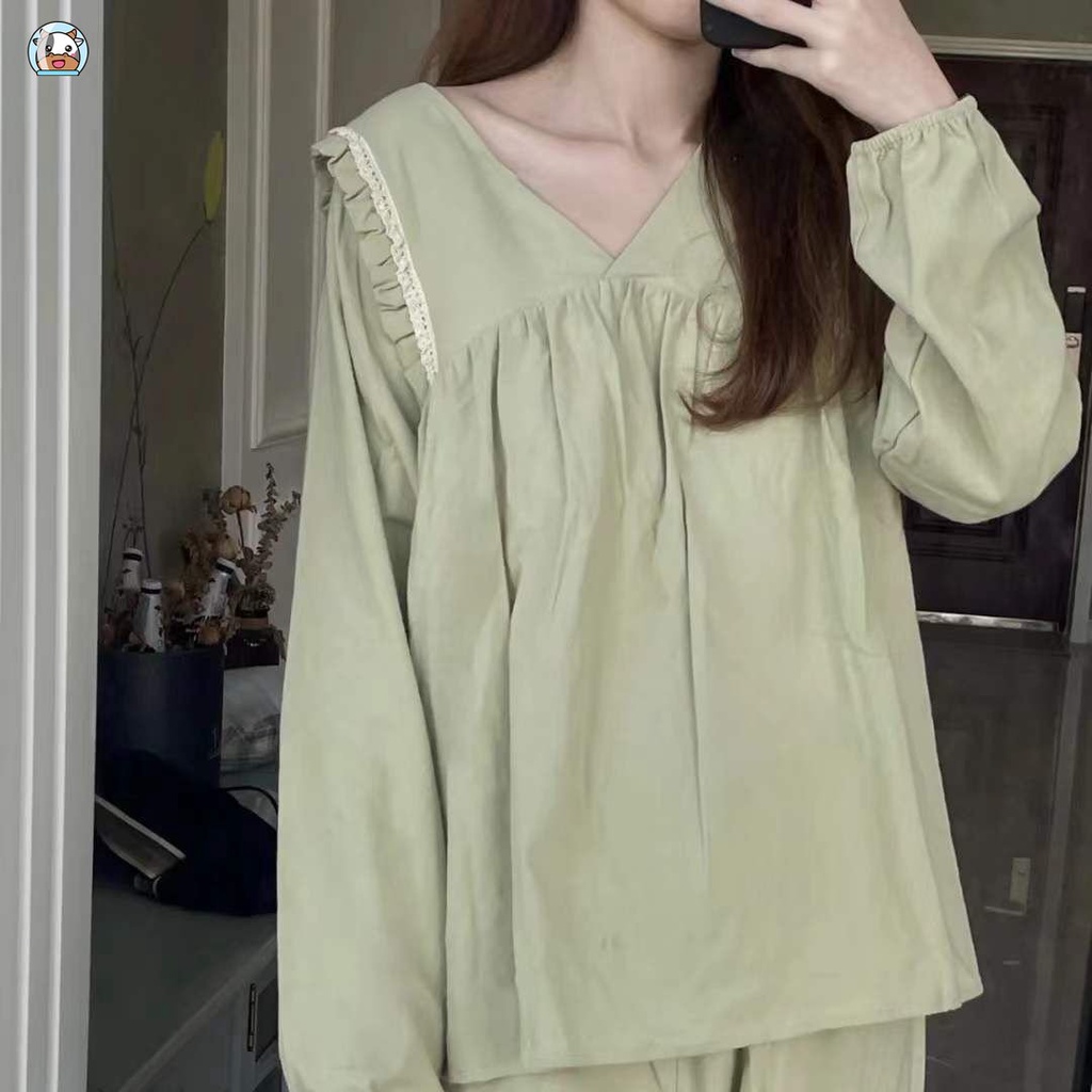 Bộ Đồ Ngủ Tay Dài Cổ Chữ v Màu Trơn Phong Cách Hàn Quốc Thời Trang Thu Đông Mới Cho Nữ