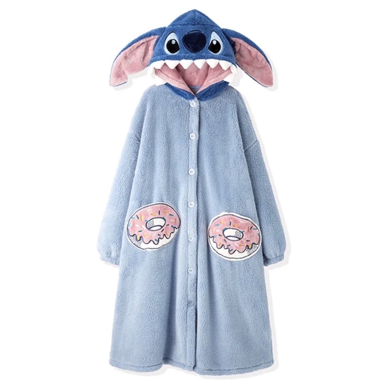 Sẵn) Váy ngủ bông xanh Stitch mũ 2 lớp cự dày dặn túi bánh donut phong cách ulzzang phù hợp mùa đông 2022
