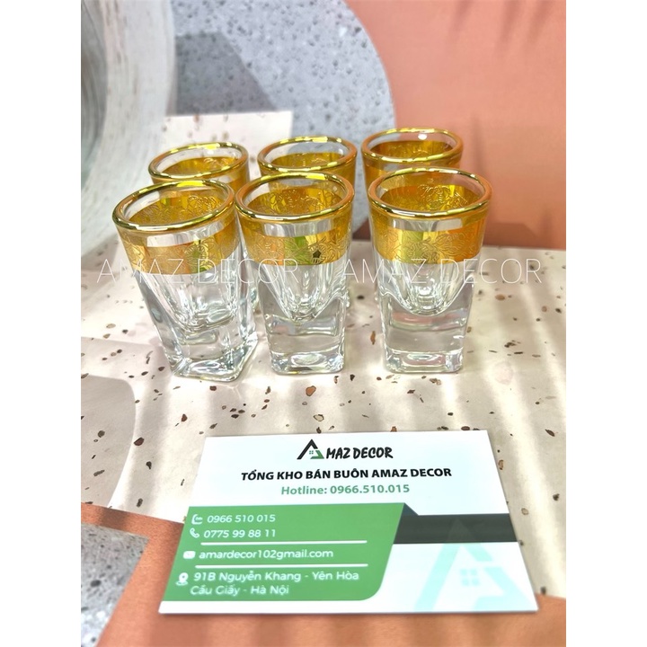 Bộ 6 chén ly rượu thủy tinh đế vuông dày cao cấp sang trọng họa tiết khảm họa tiết vàng