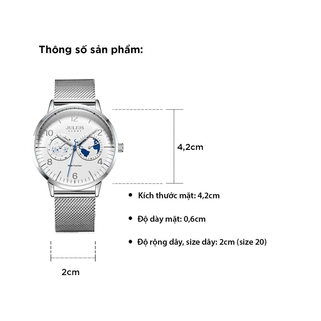 Đồng hồ nam Julius Hàn Quốc JAH-117 dây thép có lịch (Nhiều màu)