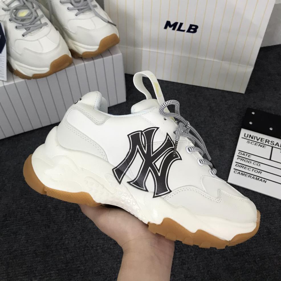 Giày Sneaker Nam Nữ , Giày Thể Thao MLB NY Trắng Chữ Đen Đế Tăng Chiều Cao Full Bill Box