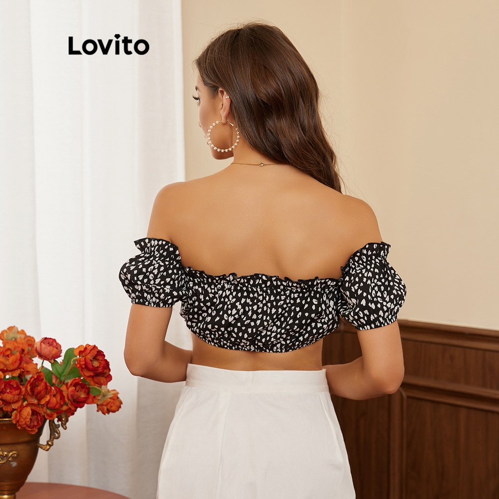 Áo kiểu Lovito dáng ngắn trễ vai phối ren da báo phong cách lãng mạn L17D148 (Màu đen)