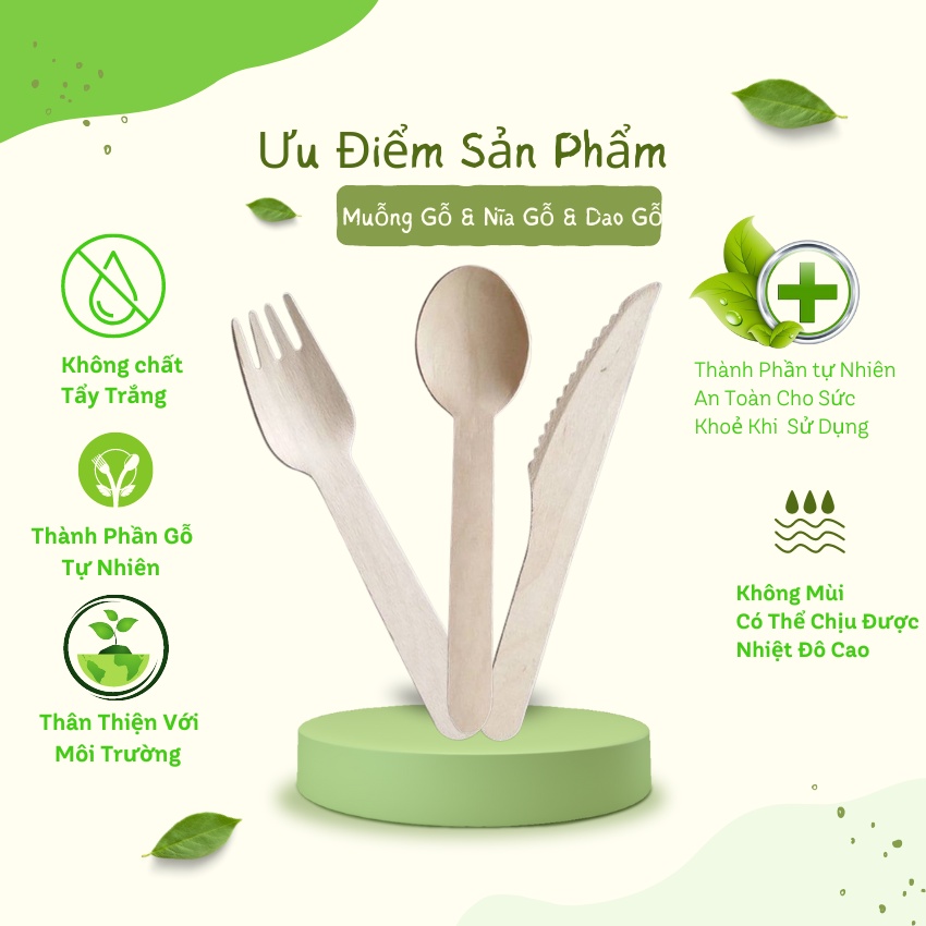 Bịch 50 Cái Muỗng, Nĩa, Dao Gỗ 16cm Dùng 1 Lần An Toàn Sức Khoẻ, Thân Thiện Môi Trường - Egreen Dùng 1 Lần