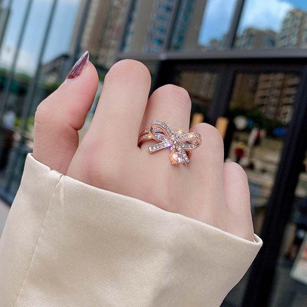QQMALL Nhẫn HợP Kim DạNg Hở HìNh Nơ ĐíNh Đá Sang TrọNg