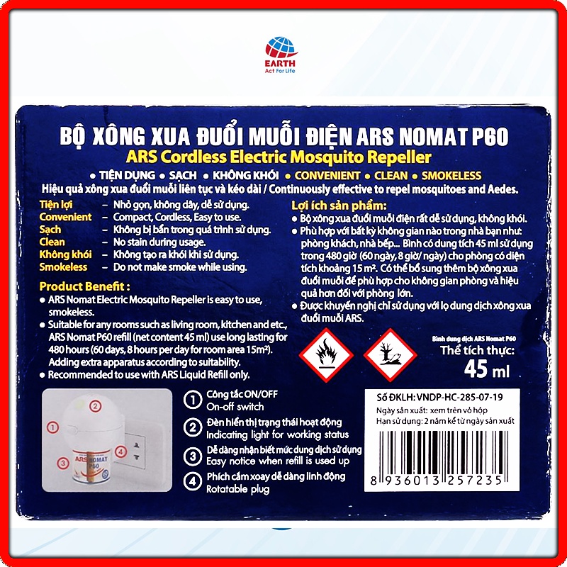 Bộ xông đuổi muỗi điện ARS Nomat kèm chai tinh dầu 45ml - Thương hiệu số 1 Nhật Bản