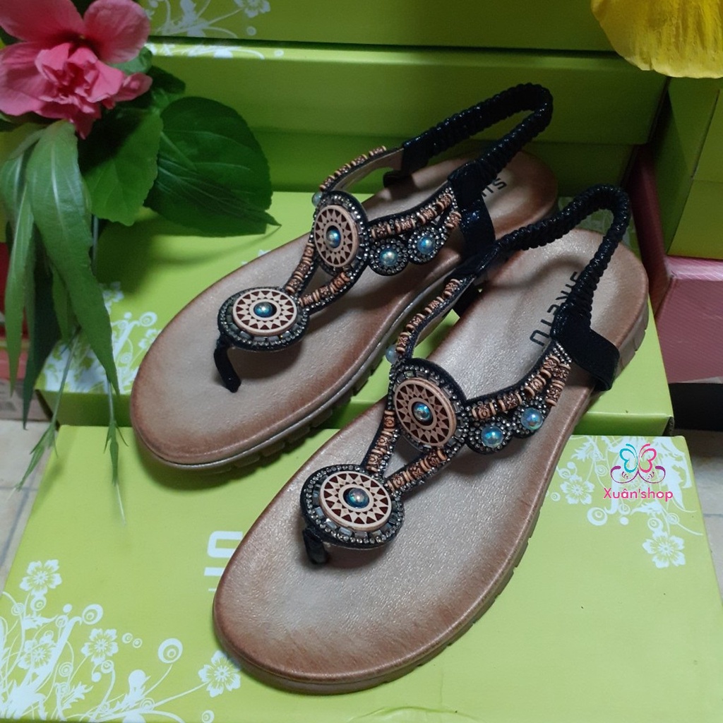 Sandal xỏ ngón Siketu quai đính họa tiết thổ cẩm, đế bằng chống trượt 3cm