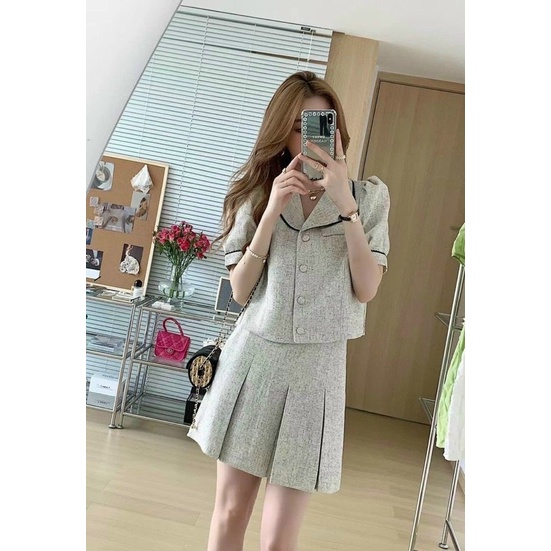 set vest dạ cổ vest viền + chân váy xếp li siêu đẹp