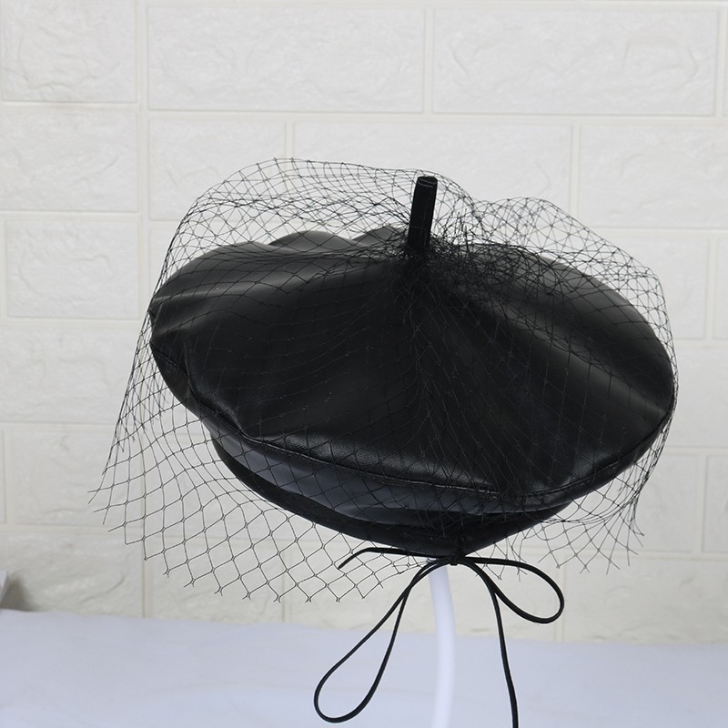 Nón beret da PU trơn màu phối lưới thời trang retro âu mỹ