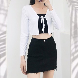 Set áo 2 món khoác cardigan tay dài cột nơ