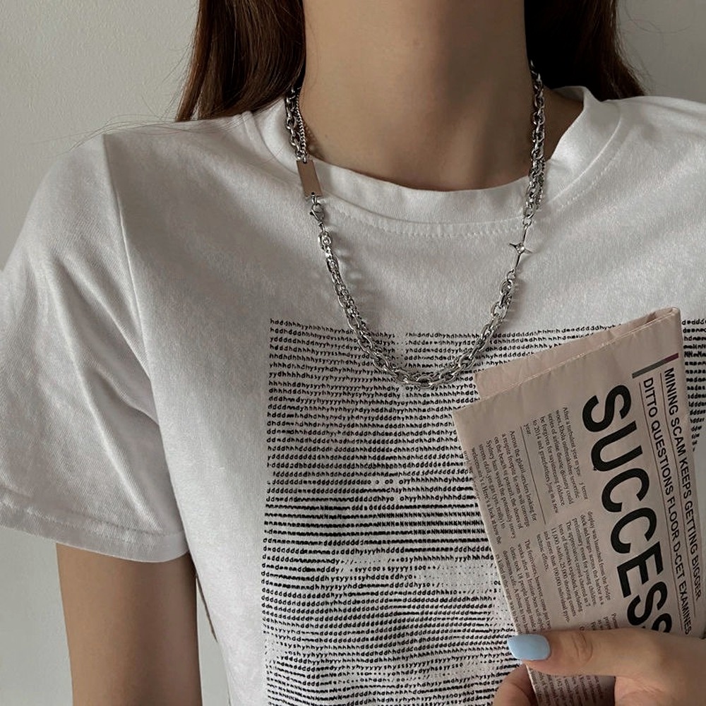 Vòng cổ Thép Titan Dày Hai Lớp Mặt Hình Học Phong Cách Hip Hop Hàn Quốc Thời Trang