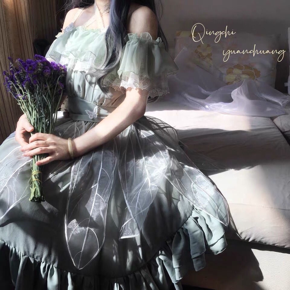(Tủ Giày Thần Tiên) (Hàng Có Sẵn) Đầm Lolita Pháp Màu Trơn Nhẹ Đính Đá Quý Yêu Tinh Một Dây Mùa Xuân Thu