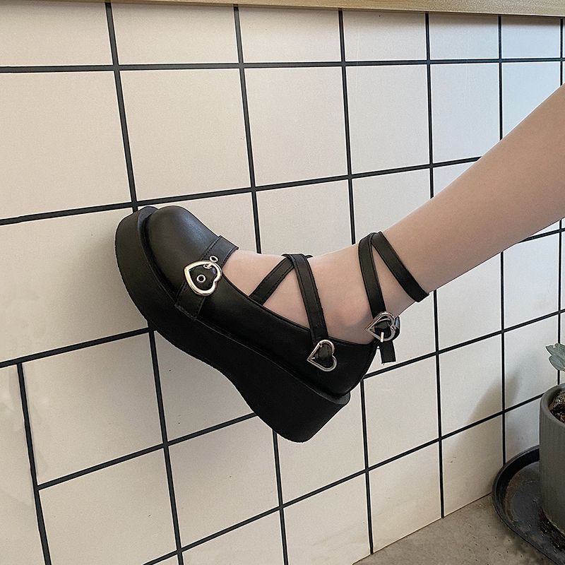 Giày búp bê Lolita dây cài tim đế cao dày đẹp 5cm