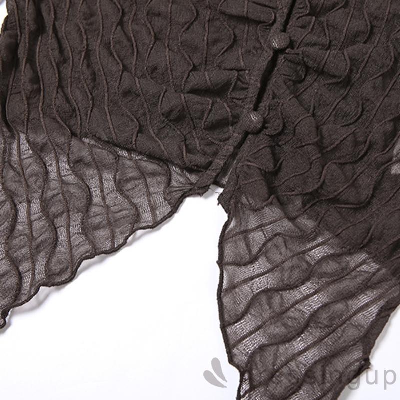 DRE-Women Summer Shirt, Long Sleeve Plain Lapel Buttons Sheer Short Shirt