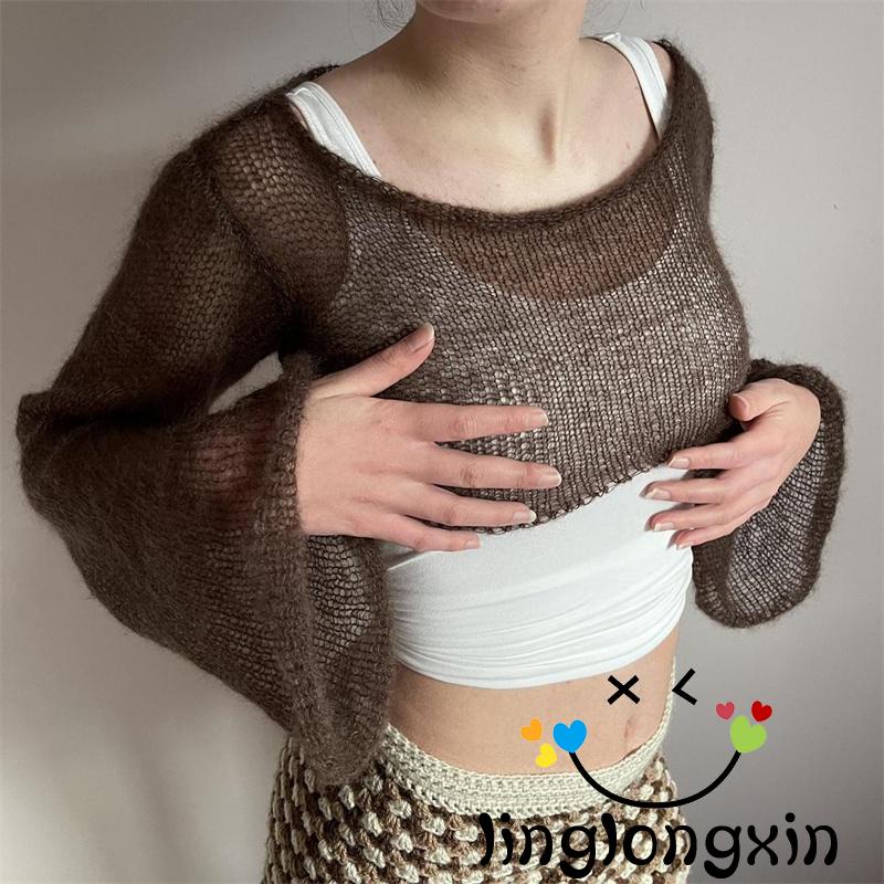 Áo Croptop Dệt Kim Tay Dài Phong Cách Harajuku Cổ Điển 90s Cho Nữ Linglongxi2-Y2K