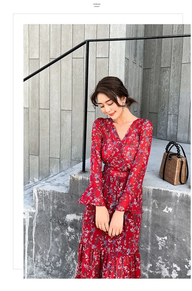 Đầm Nữ Ngắn Tay Cổ Chữ V In Hoa Thời Trang Hàn