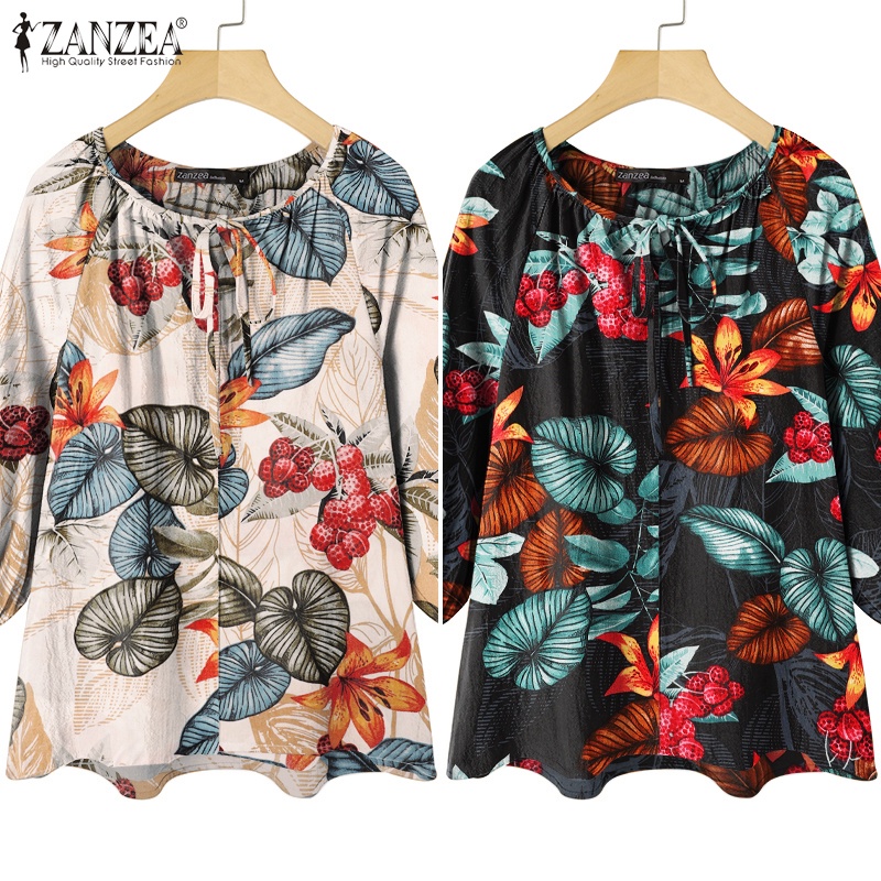 ZANZEA Áo Kiểu Cổ Tròn Tay 3/4 In Họa Tiết Chiếc Lá Thời Trang Cho Nữ