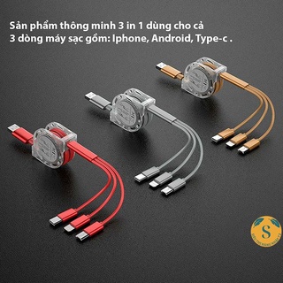 Cáp sạc nhanh 3 trong 1 cuộn tròn loại tốt với 3 cổng kết nối: Lighting, Micro-USB, Type-C [CUỘN CÁP SẠC]
