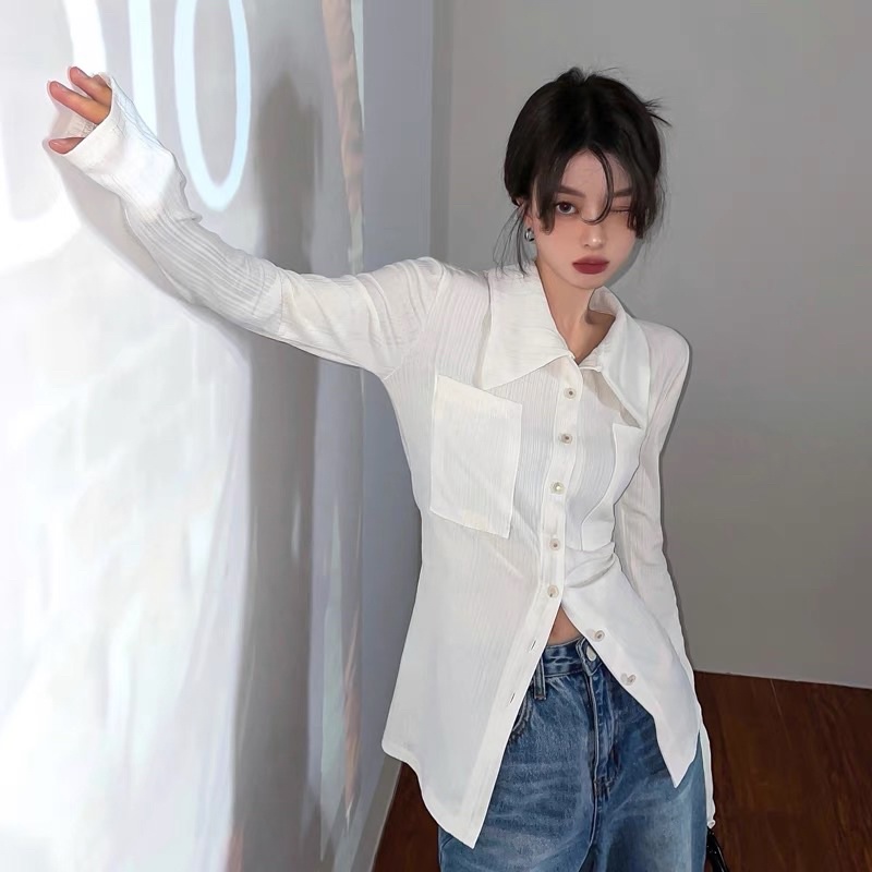 ⚡️Hàng Taobao 100%⚡️Áo sơ mi trắng ôm body co giãn nhẹ