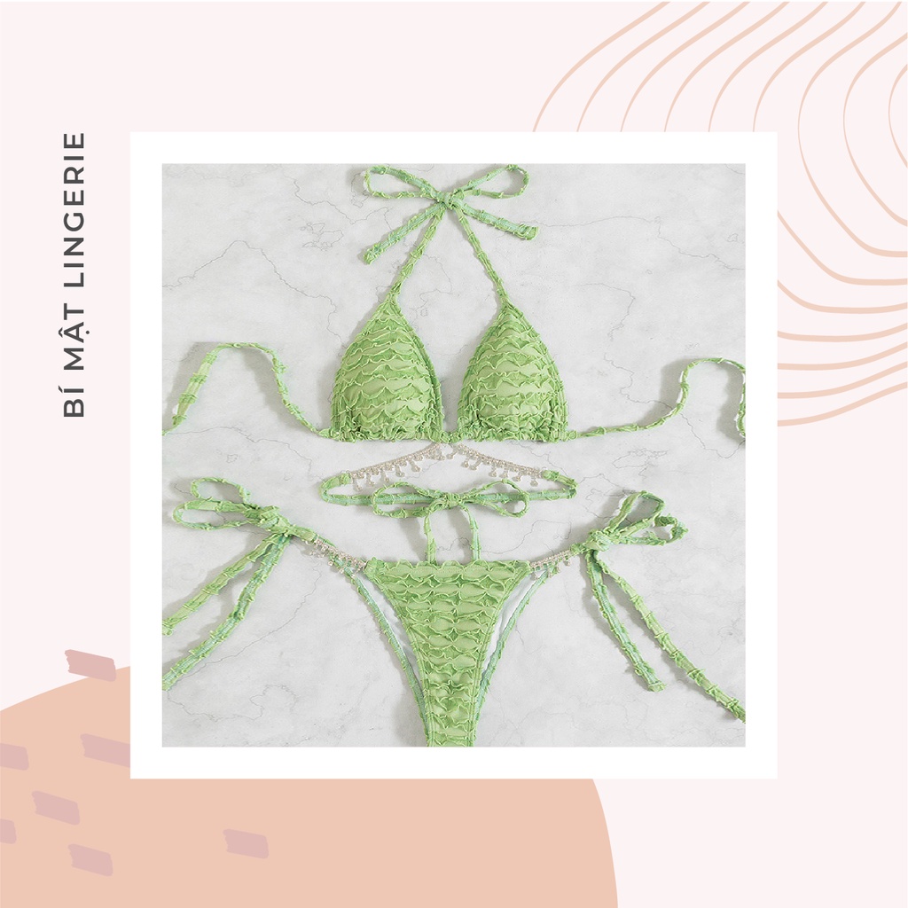Bikini đồ bơi sexy buộc dây xanh bơ kèm dây đính đá lấp lánh vải nhún tôn da