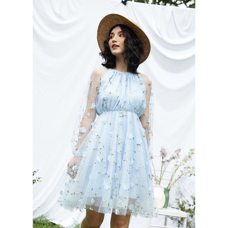 SARAH DRESS - VÁY HOA XANH TAY DÀI CỔ YẾM - V0135