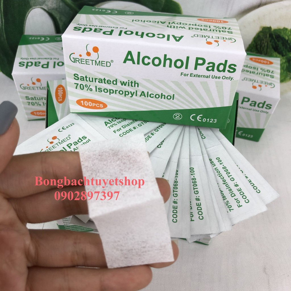 Bông tẩm cồn Greetmeed (Hộp 100 miếng) – Alcohol Pads - Bông tẩm cồn làm sạch da trước khi tiêm, lau điện thoại, lau tay