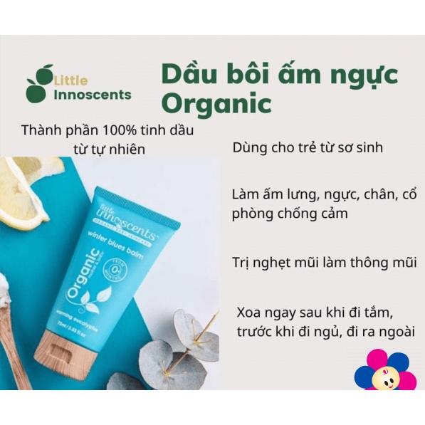 Kem bôi ấm ngực hữu cơ Little Innoscents Úc 75ML, dầu thoa giữ ấm phòng cảm lạnh ngạt mũi giảm ho cho bé 0M+ Organic