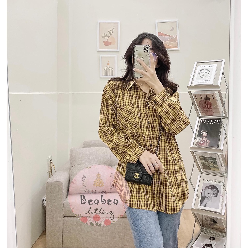 Áo sơ mi oversize sọc kẻ caro tay phồng nhiều màu ulzzang