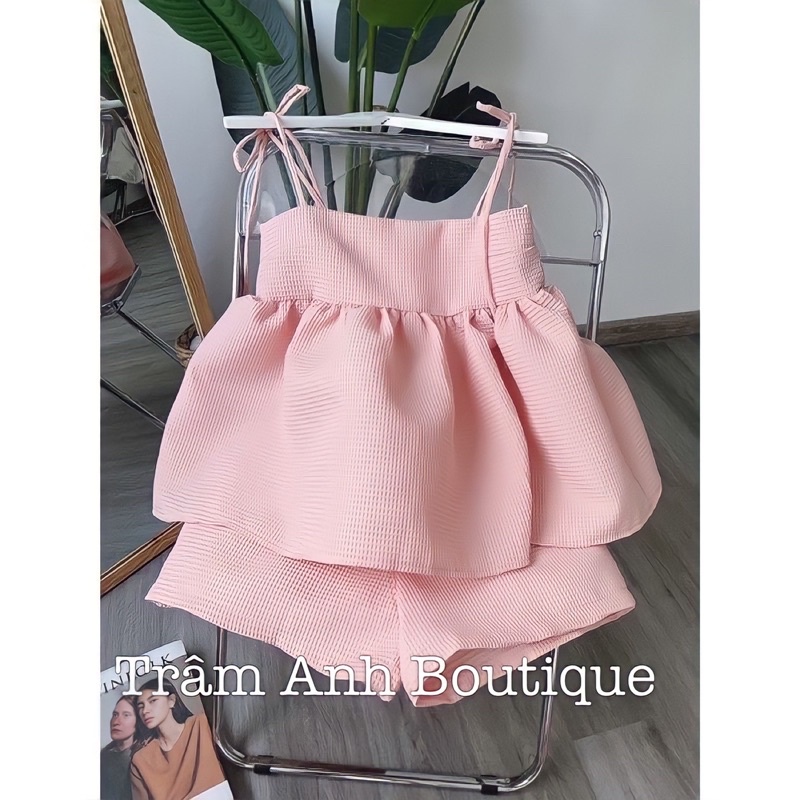 266 - Set quần short + áp peplum bồng 2 dây Briebrie cao cấp chất liệu tơ xốp, sang chảnh