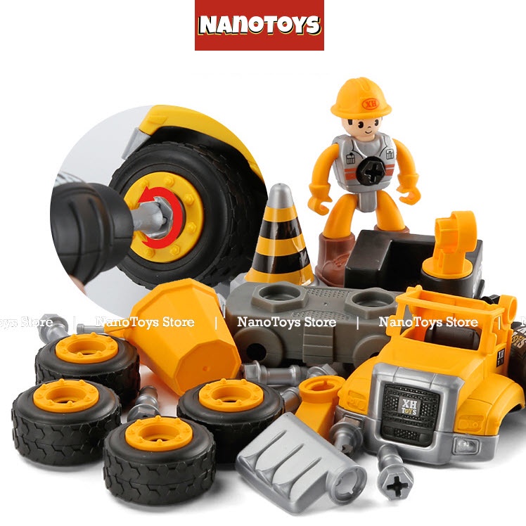 Đồ chơi xe Công trình lắp ráp chạy trớn - bộ 4 xe kèm tua vít - size L - NANOTOYS STORE