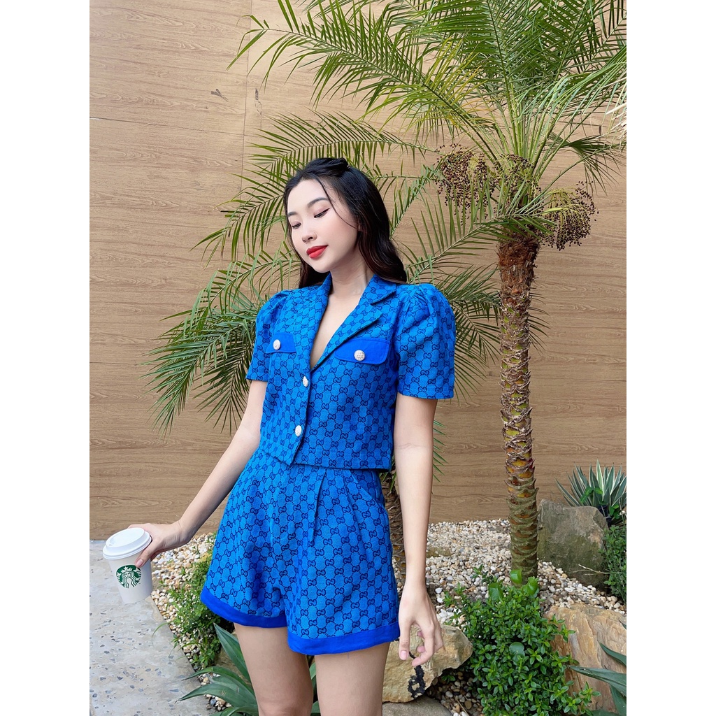 Set Áo cổ Vest Crotop + Quần Phối nút mạ kim trẻ trung sang trong DS91 CIN HOUSE