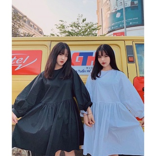 V007 - Váy Babydoll trắng trơn tay bồng dáng xòe chụp ảnh đi chơi, đầm bầu babydoll tay phồng form rộng cute dễ thương
