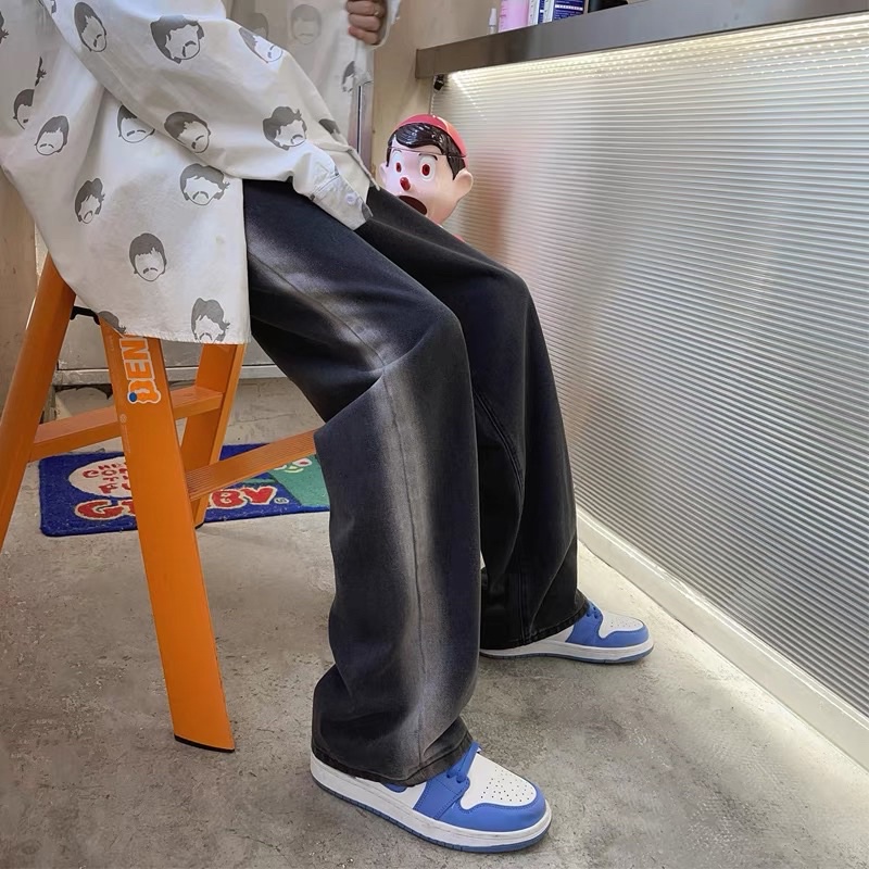 Quần jeans, quần bò Nam màu đen sọc trắng ống xuông streetwear