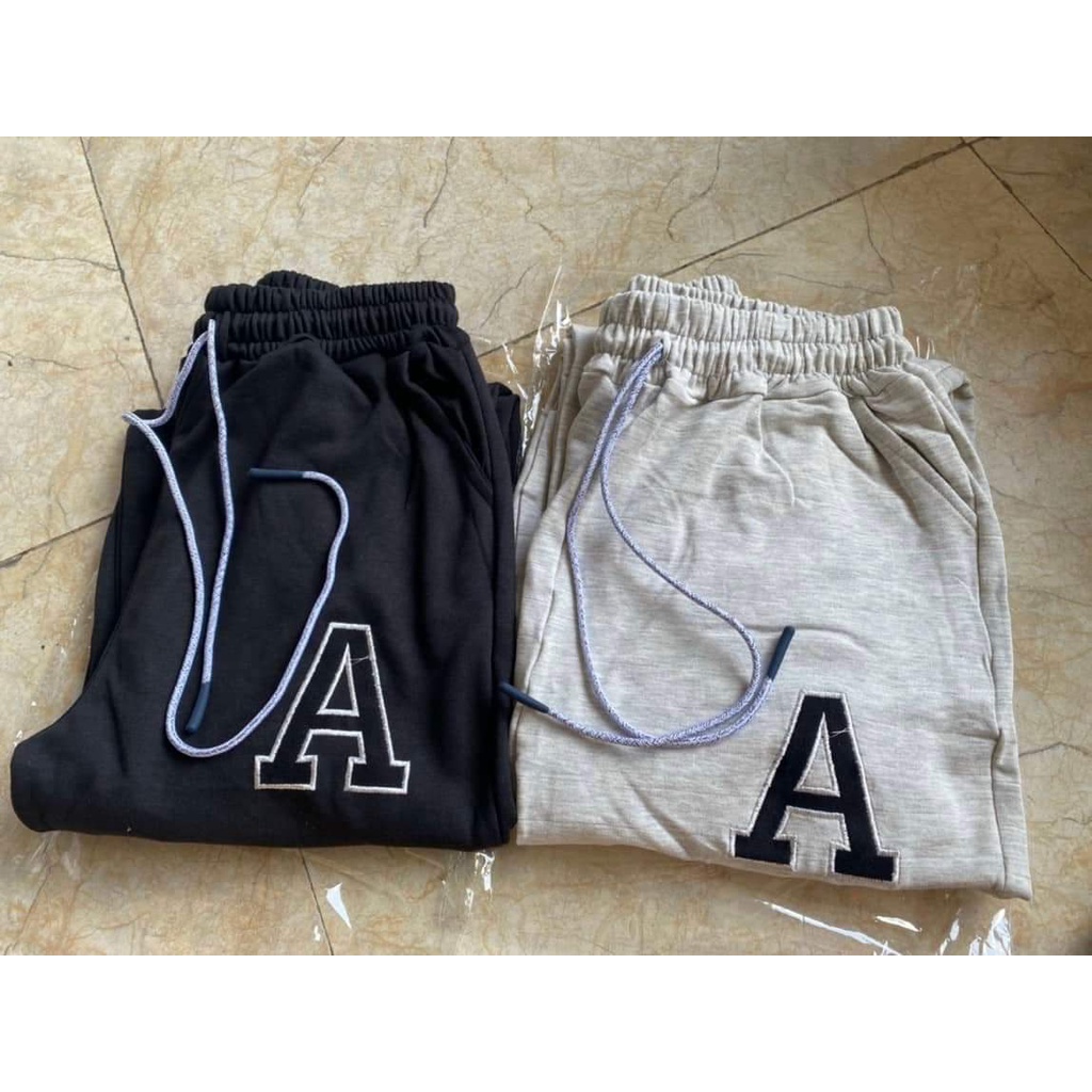 Quần jogger thêu chữ A from quần ống rộng vải bo cotton dầy không xù 2 màu Đen Xám, kèm video ảnh thật