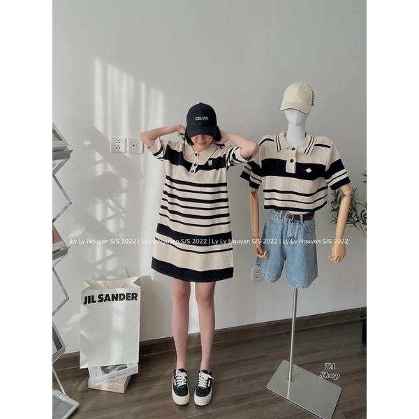 Áo, Váy len polo sọc ngang thêu ngực V058