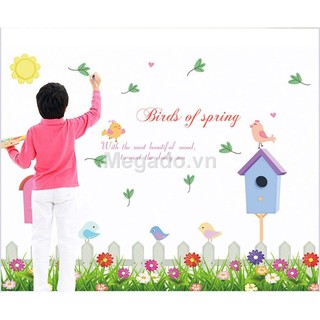 Decal dán tường hoa chân tường kết hợp tổ chim