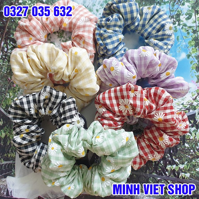Cột Tóc Vải Scrunchies Kẻ Caro Hoa Cúc